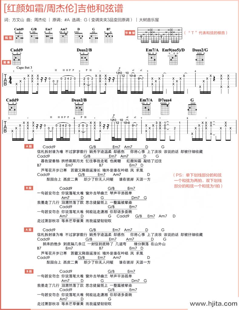 红颜如霜吉他谱-周杰伦-G调弹唱和弦谱-附PDF下载