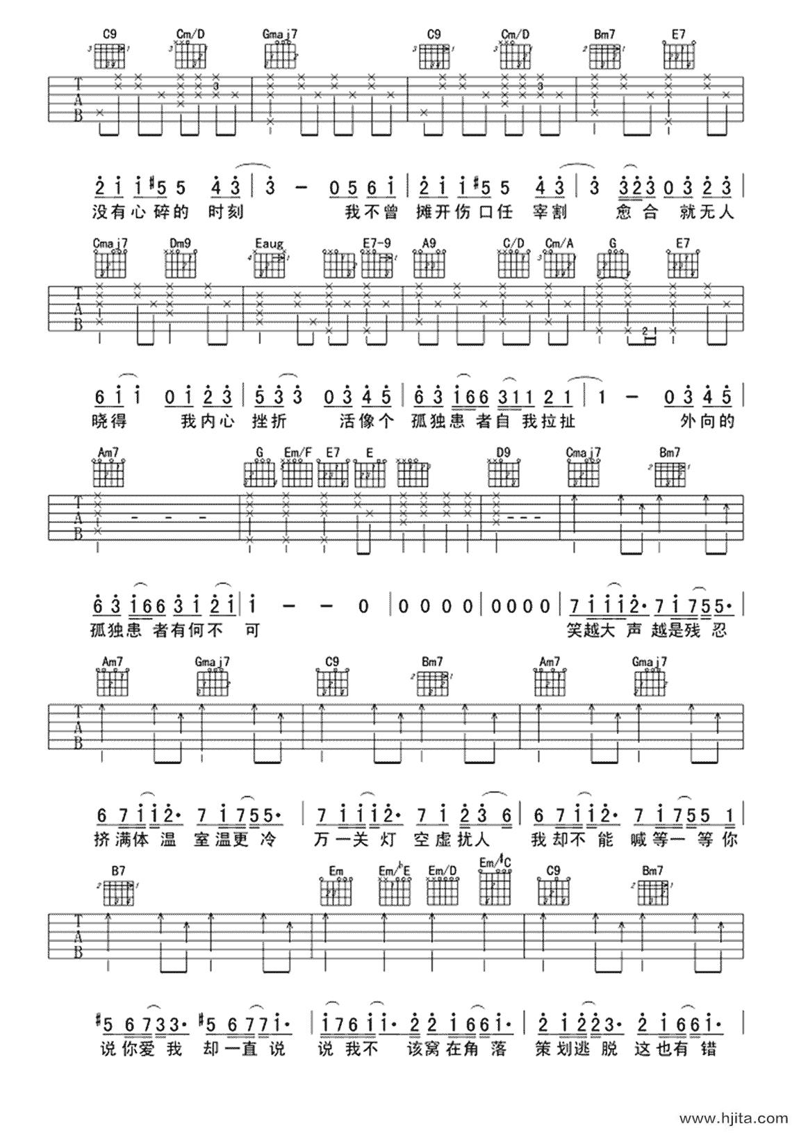 孤独患者吉他谱_陈奕迅_G调原版弹唱谱_高清图片谱