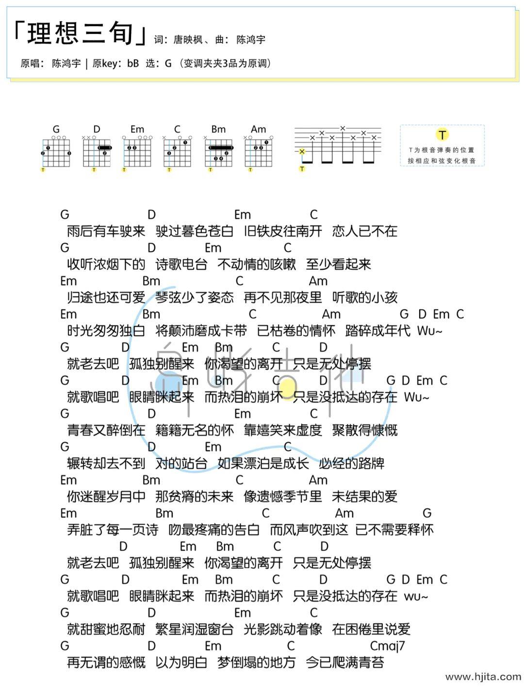 理想三旬吉他谱_陈鸿宇_G调弹唱六线谱_附和弦谱