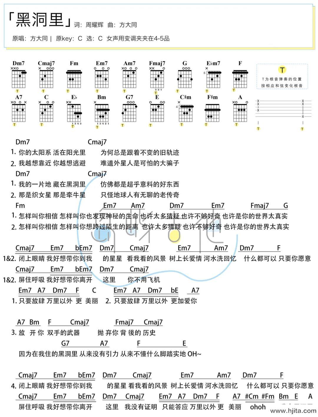 黑洞里吉他谱_方大同_C调吉他弹唱谱_图片谱