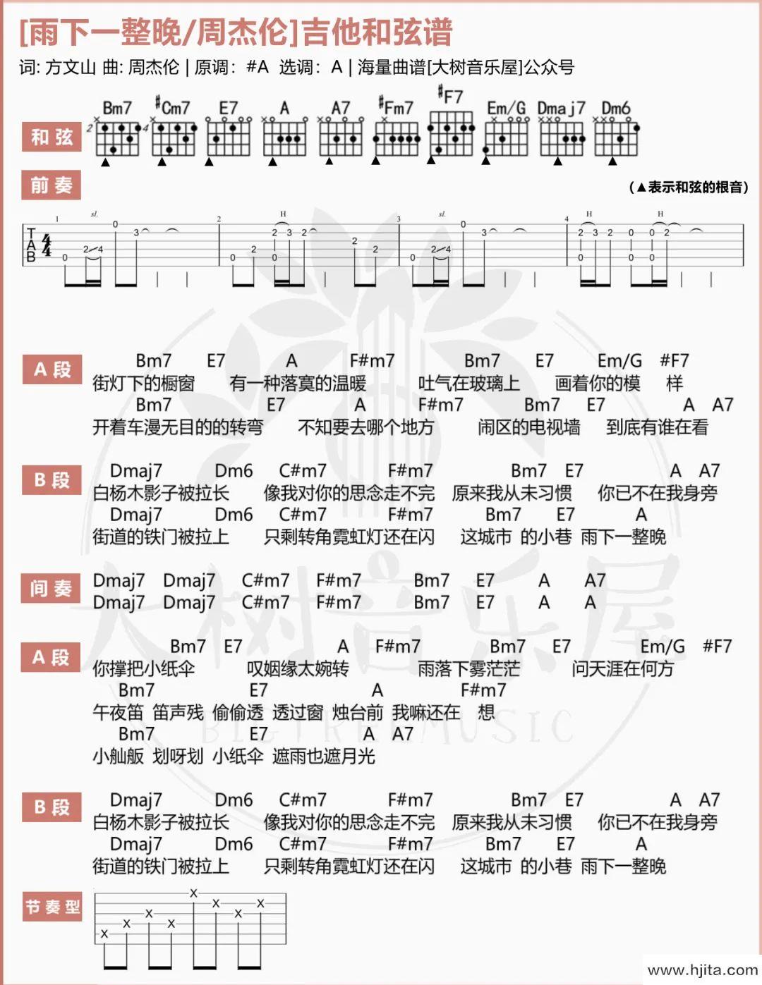 雨下一整晚吉他谱_周杰伦_A调原版六线谱_吉他弹唱演示教学