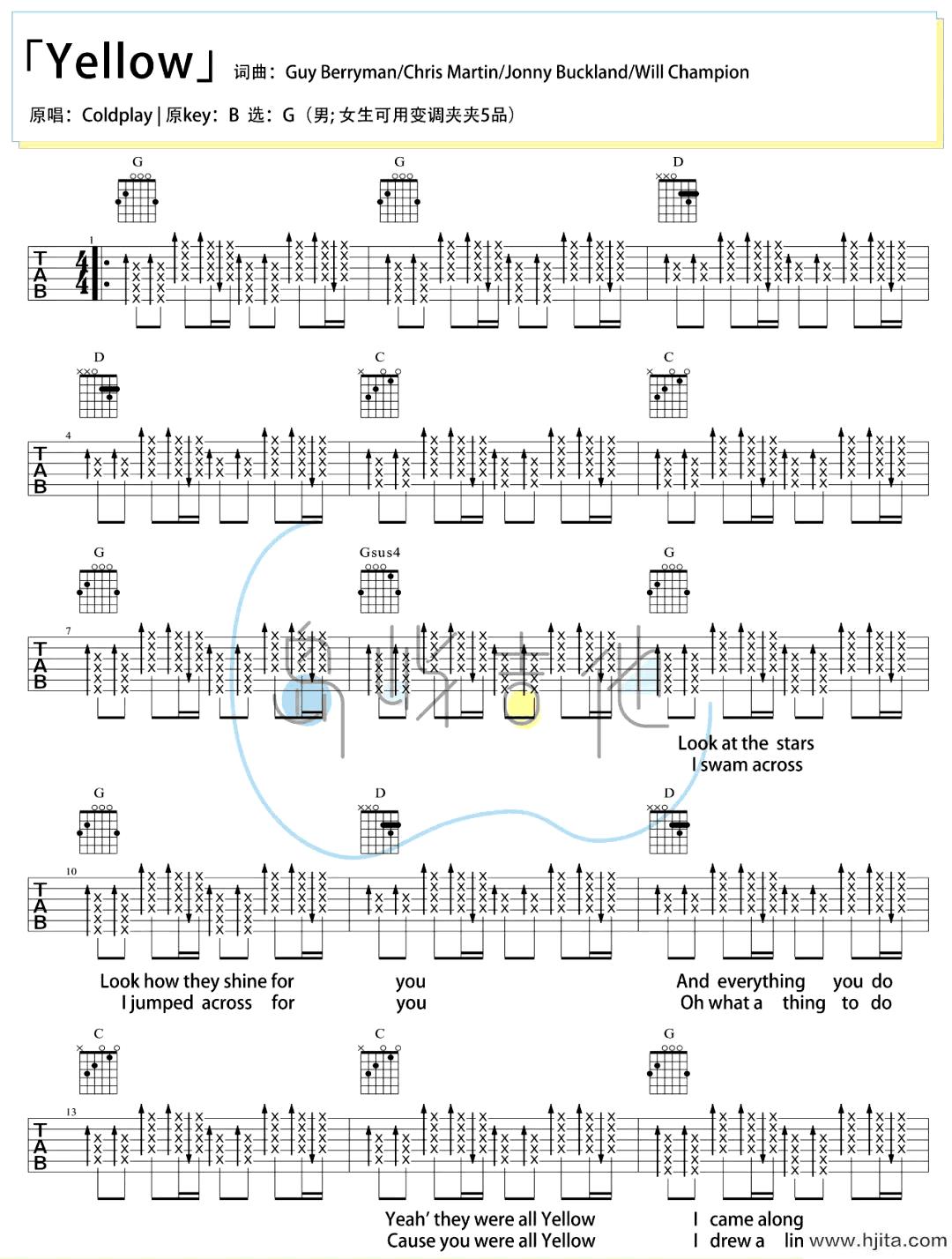 yellow吉他谱_Coldplay_G调原版弹唱谱_图片谱