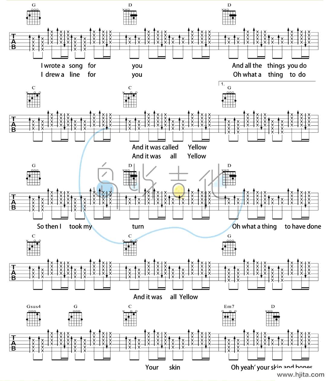yellow吉他谱_Coldplay_G调原版弹唱谱_图片谱