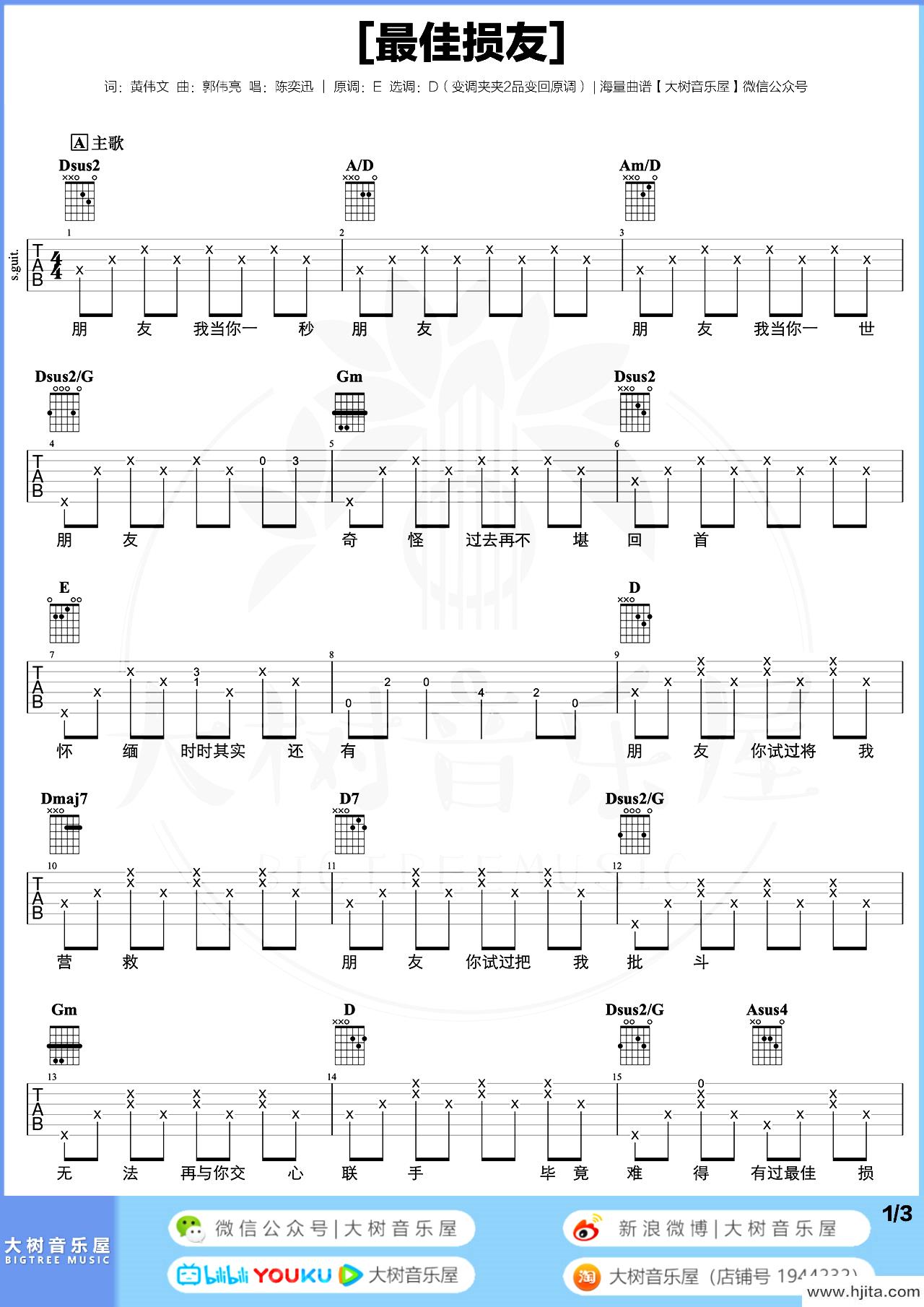 最佳损友吉他谱_陈奕迅_D调原版吉他谱_弹唱演示/教学