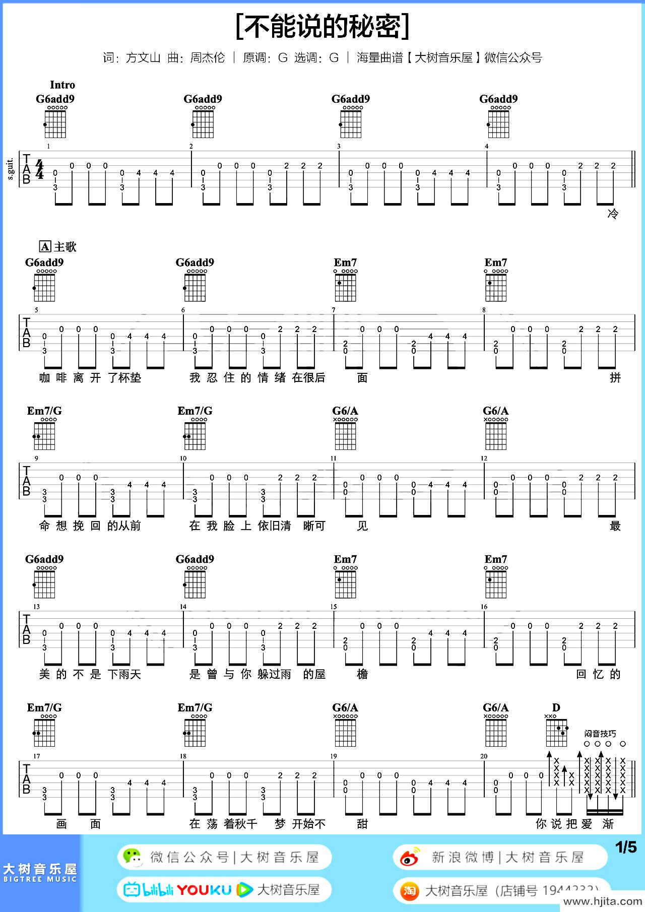 不能说的秘密吉他谱_G调超原版_周杰伦_吉他演示/教学