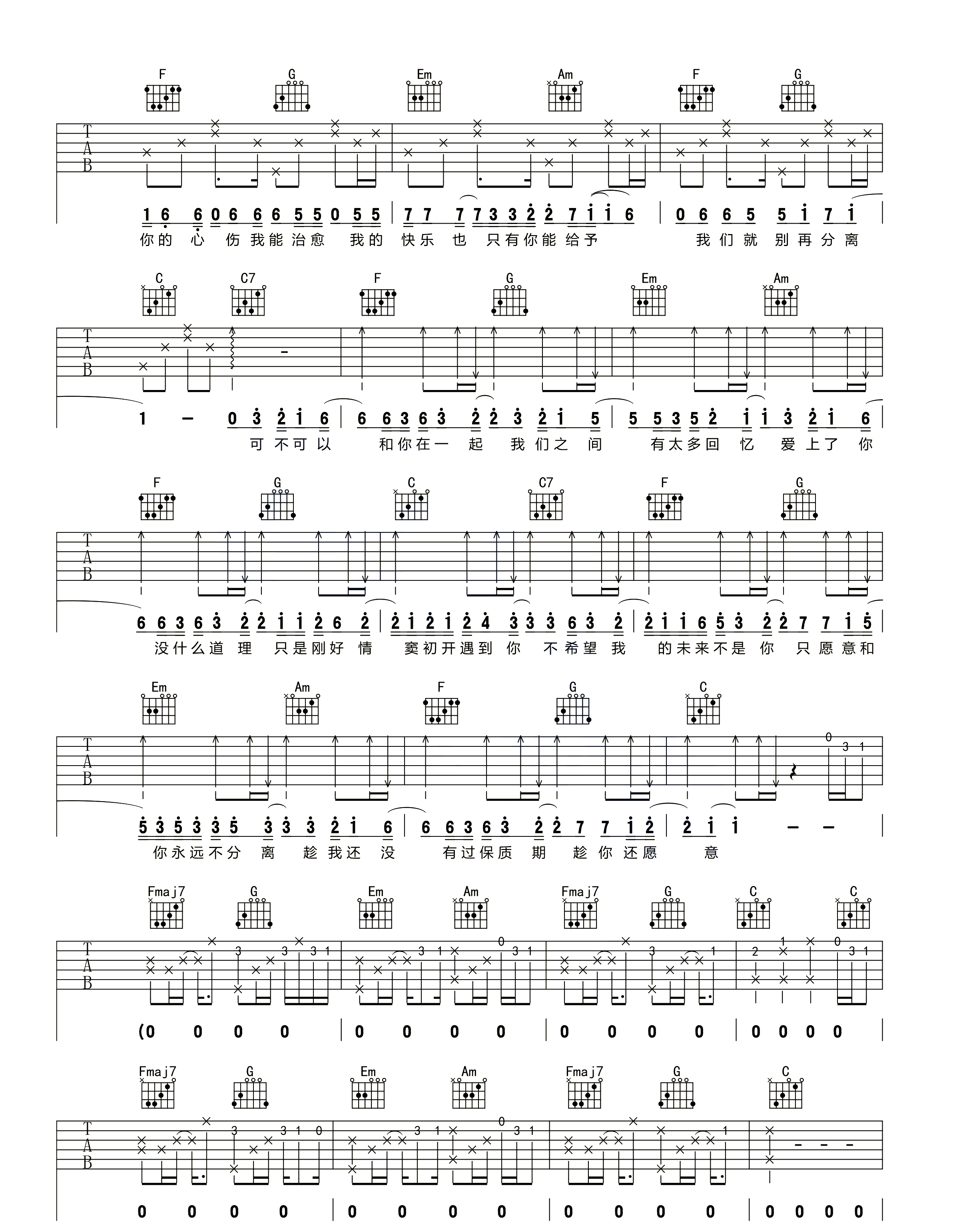 《可不可以吉他谱》张紫豪_C调六线谱_网络转载制谱