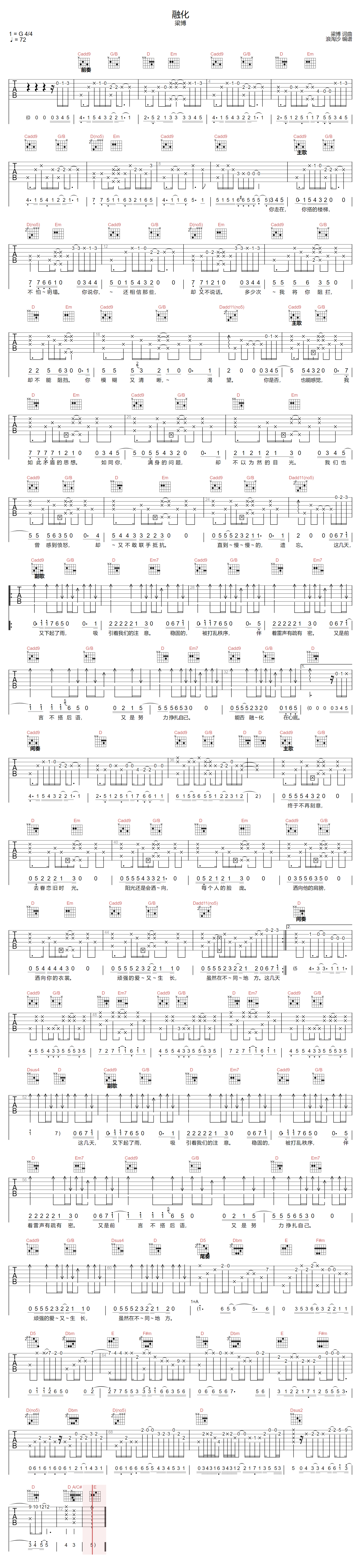 《融化吉他谱》梁博_G调六线谱_浪淘沙制谱