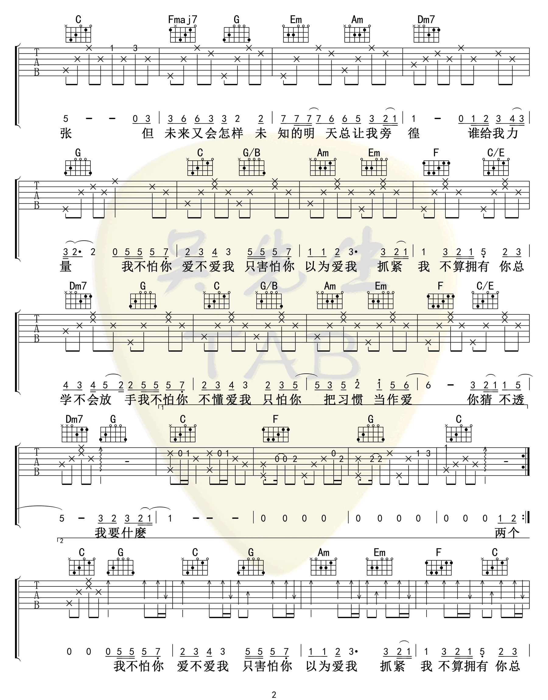 《这就是爱吗吉他谱》容祖儿_C调六线谱_吴先生TAB制谱