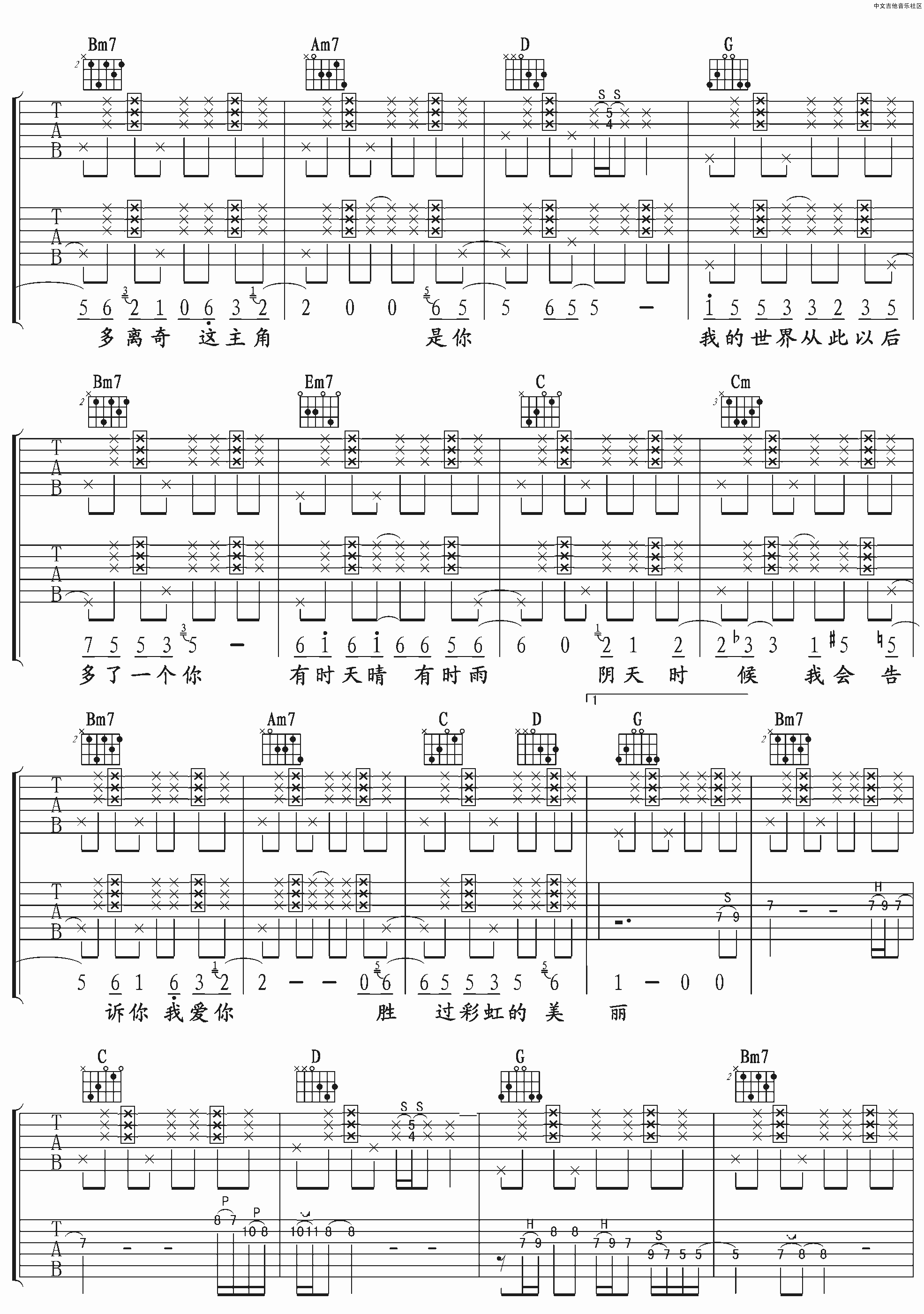 《彩虹吉他谱》羽泉_G调六线谱_玩易吉他制谱