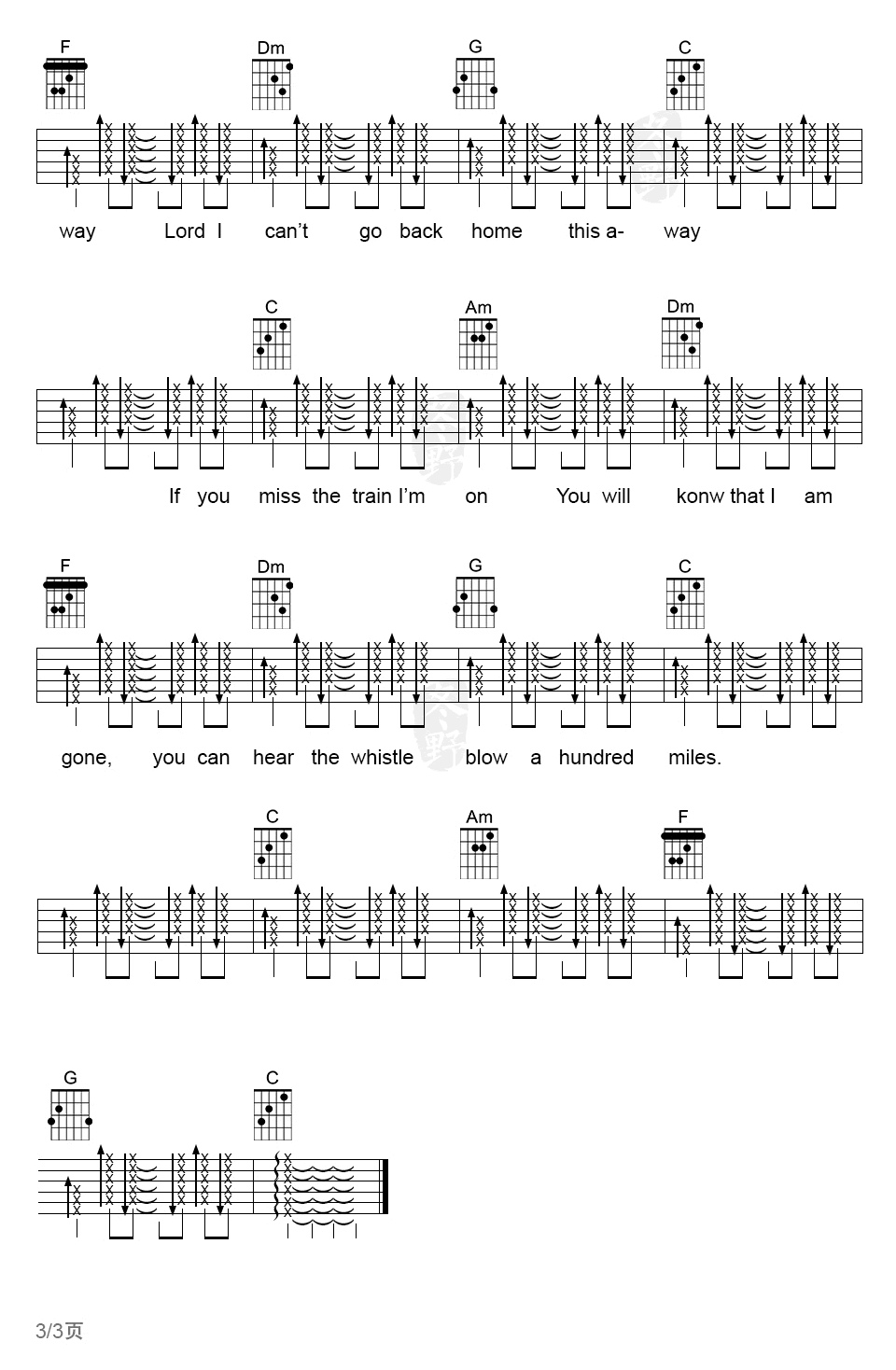 《500miles吉他谱》4/4拍的节奏，这首歌曲的原调为C调，这里曲谱采用了C调指法进行编配，_C调六线谱_网络转载制谱