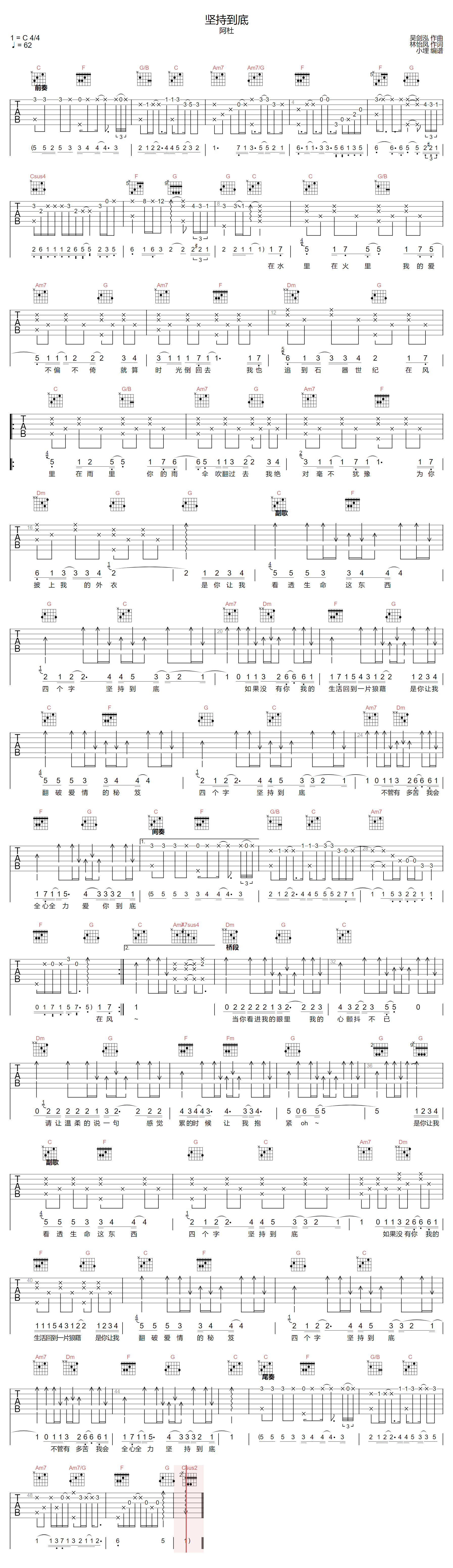 《坚持到底吉他谱》阿杜_C调六线谱_小埋制谱