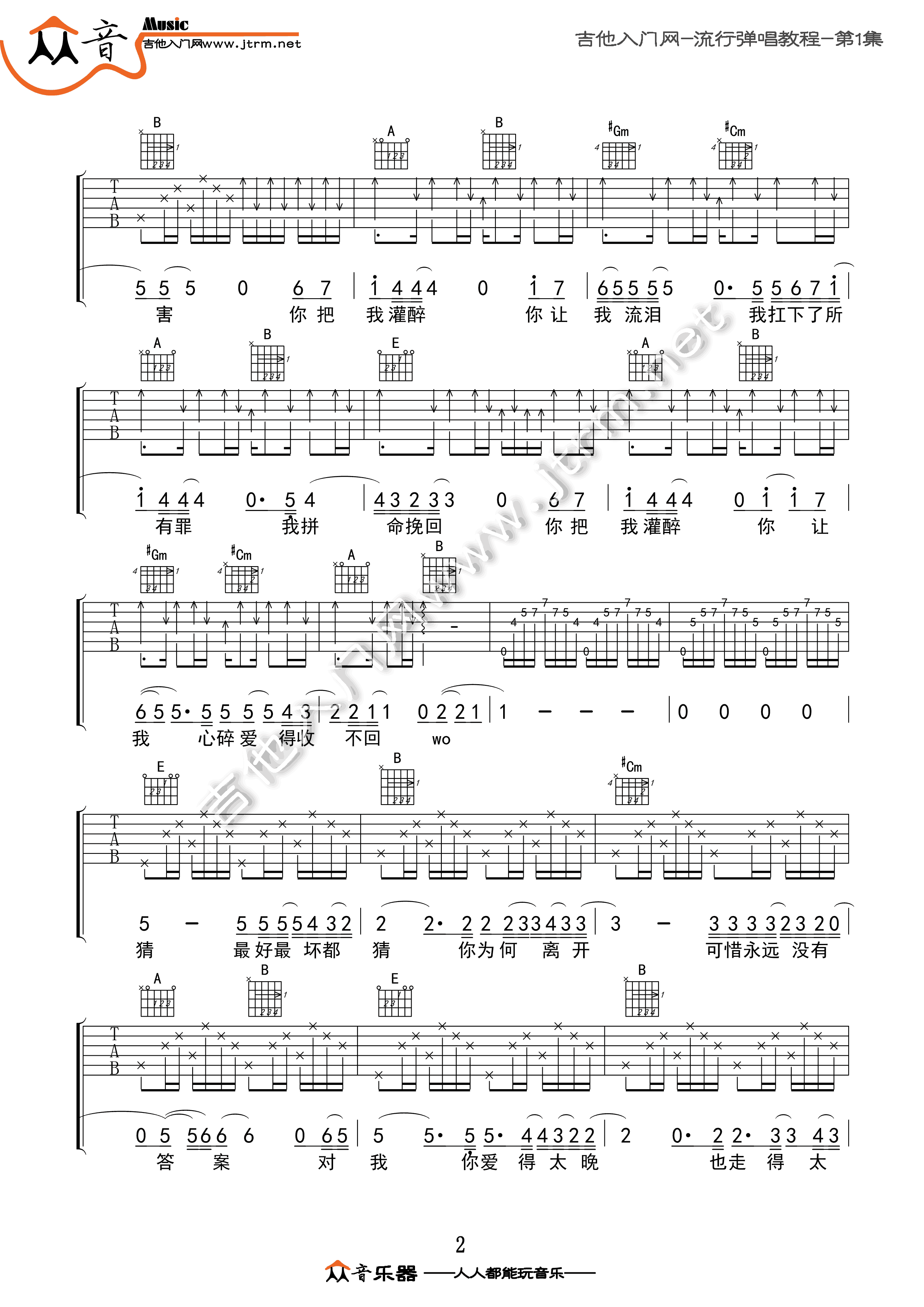 《你把我灌醉吉他谱》黄大炜_E调六线谱_福艺吉他制谱