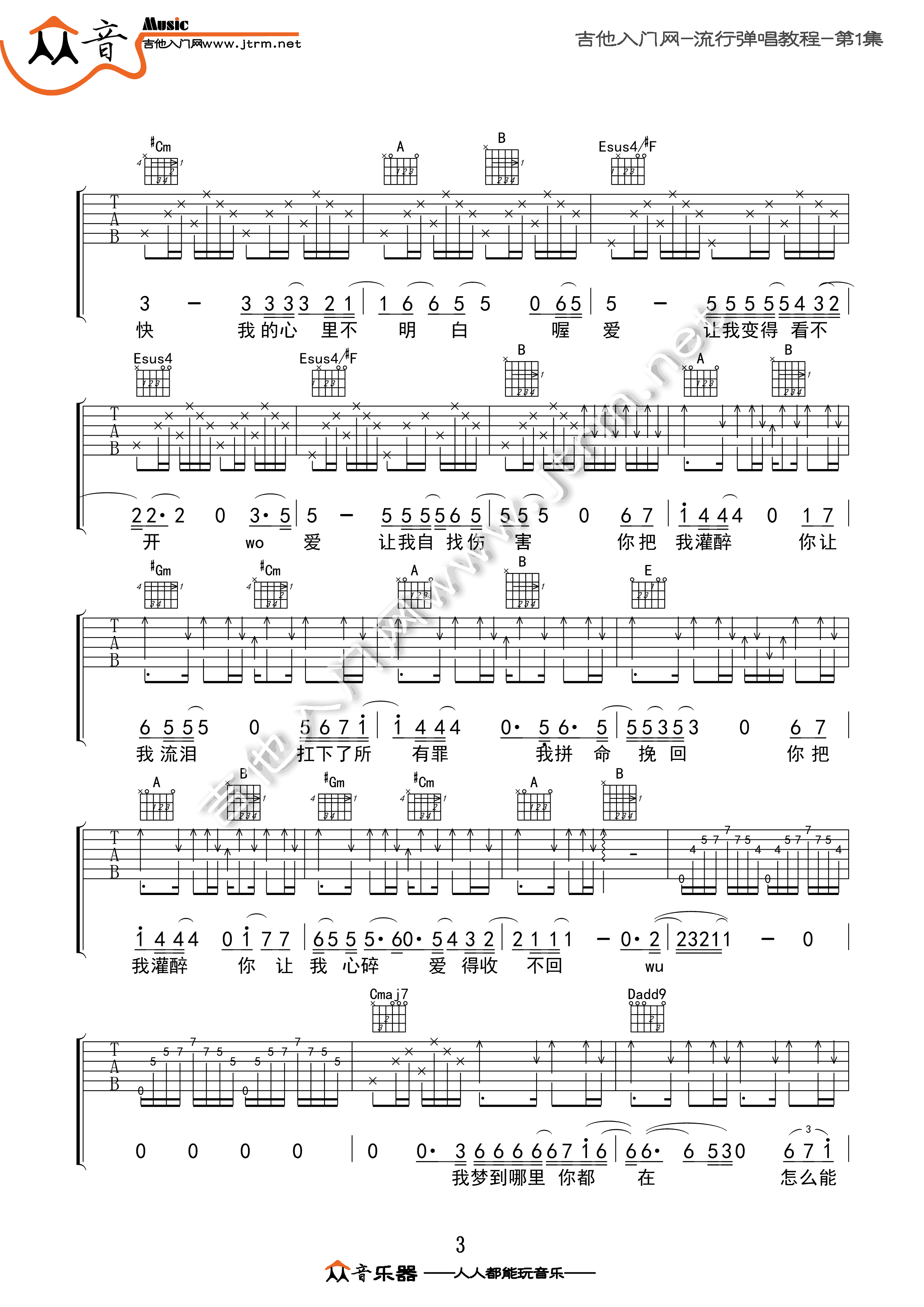 《你把我灌醉吉他谱》黄大炜_E调六线谱_福艺吉他制谱