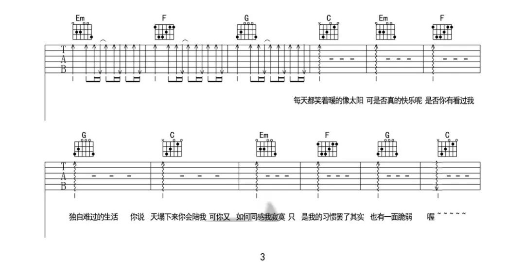 《世界上没有真正的感同身受吉他谱》王源_C调六线谱_牧马人乐器制谱