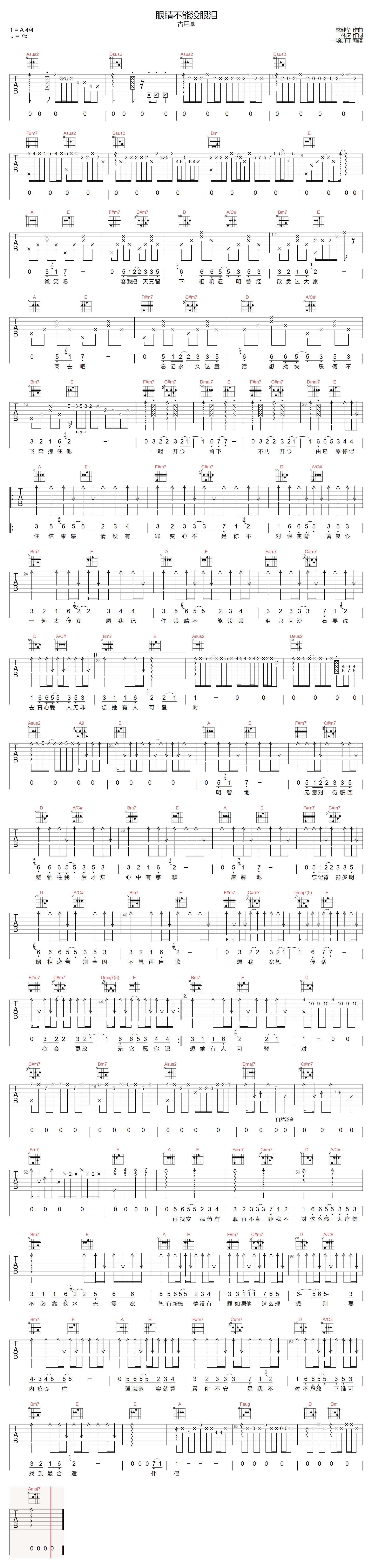 《眼睛不能没眼泪吉他谱》古巨基_A调六线谱_一颗加菲制谱
