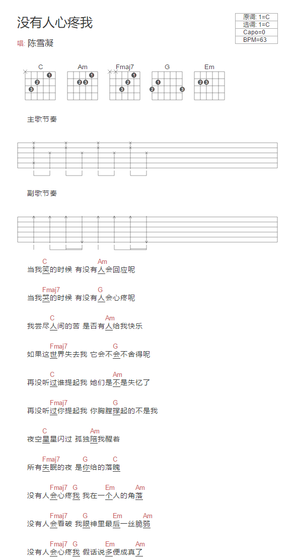 《没有人心疼我吉他谱》陈雪凝_C调六线谱_网络转载制谱