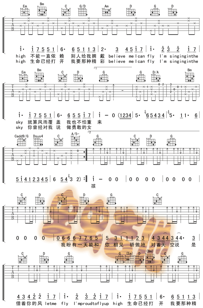 《挥着翅膀的女孩吉他谱》容祖儿_C调六线谱_网络转载制谱