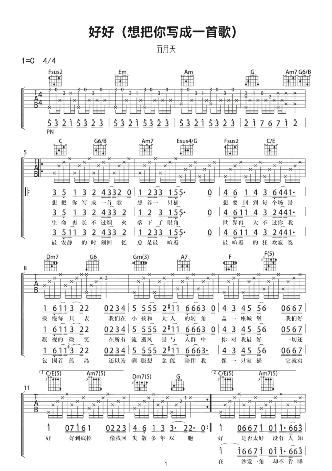 《好好吉他谱》五月天_C调六线谱_网络转载制谱