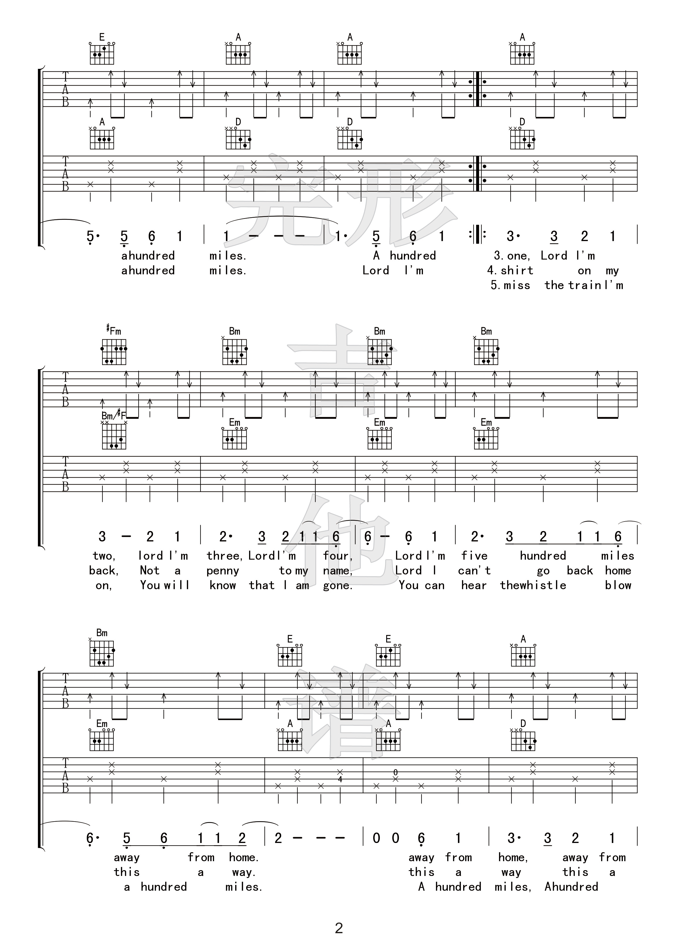 《500miles吉他谱》4/4拍的节奏，这首歌曲的原调为A调，这里曲谱采用了D调指法进行编配，_D调六线谱_完形吉他制谱