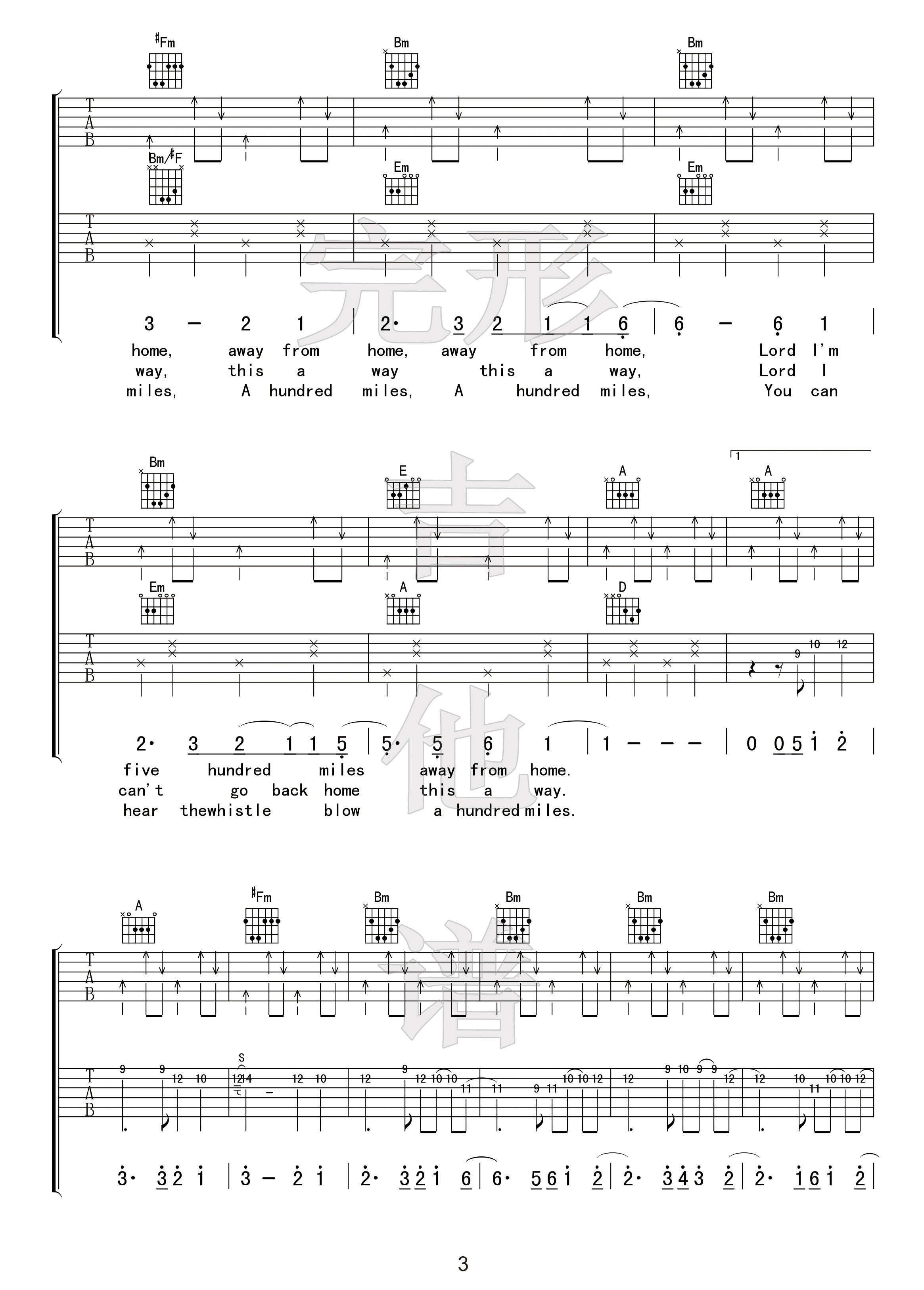 《500miles吉他谱》4/4拍的节奏，这首歌曲的原调为A调，这里曲谱采用了D调指法进行编配，_D调六线谱_完形吉他制谱