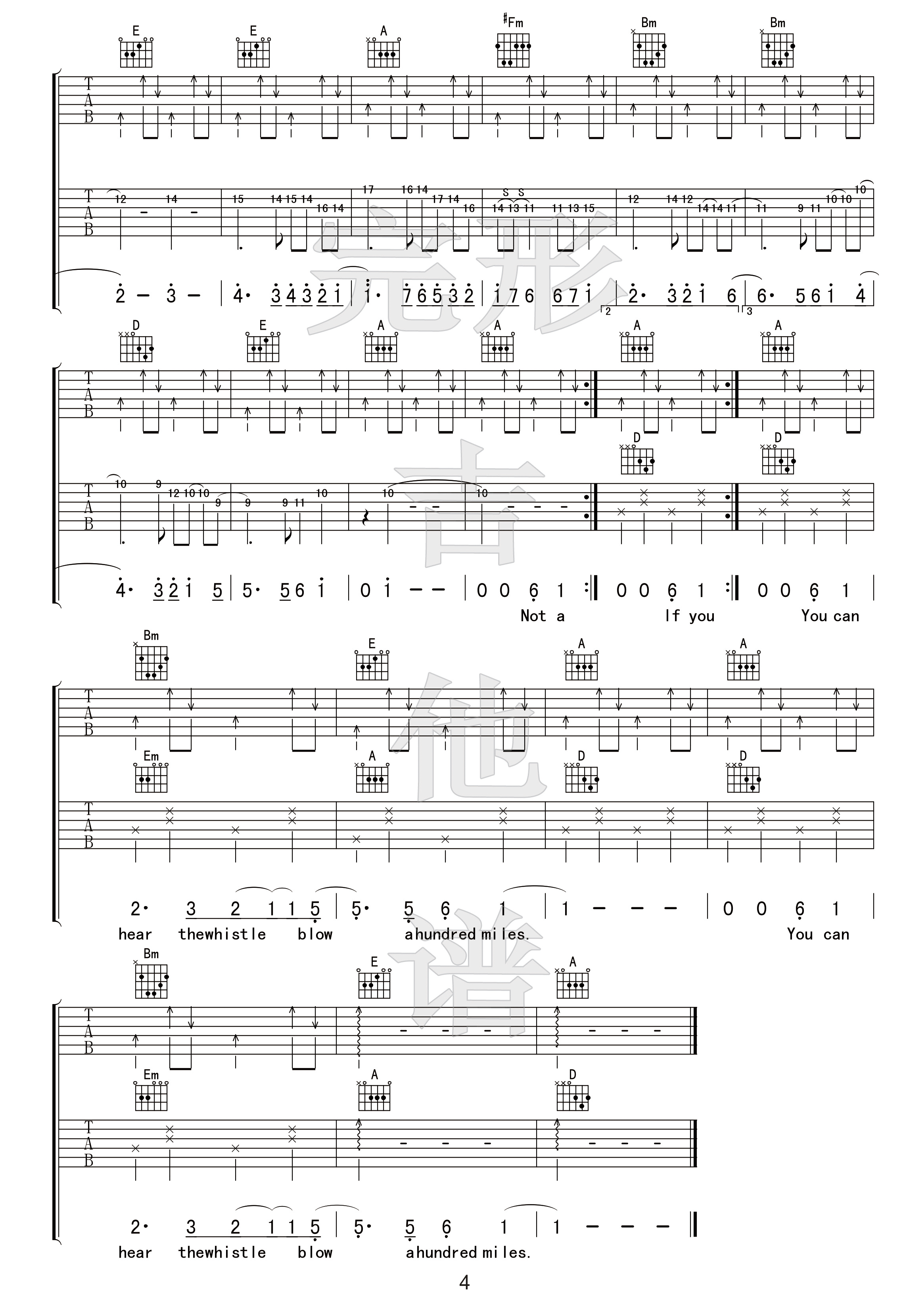 《500miles吉他谱》4/4拍的节奏，这首歌曲的原调为A调，这里曲谱采用了D调指法进行编配，_D调六线谱_完形吉他制谱