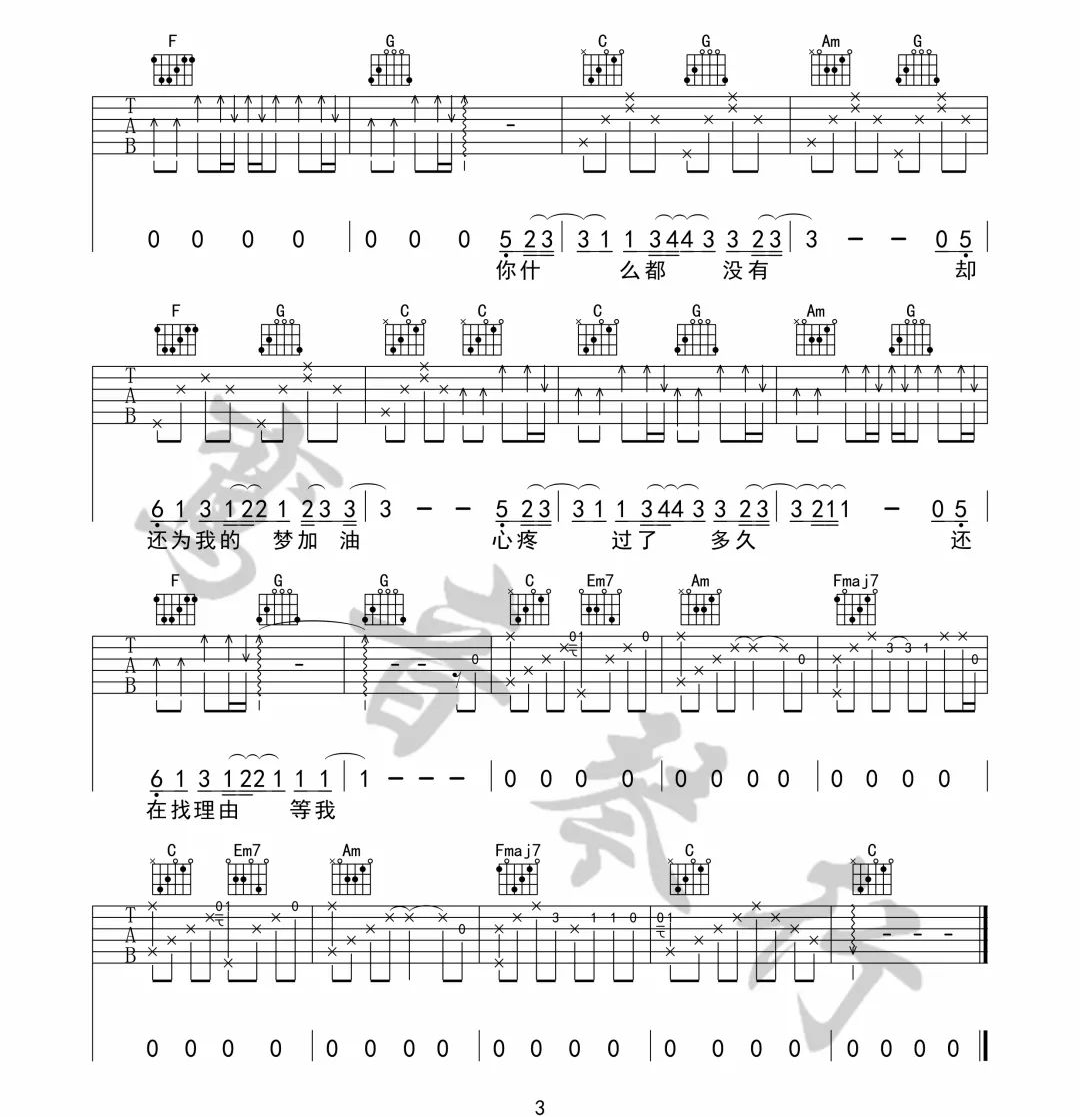 《说好不哭吉他谱》周杰伦_C调六线谱_鸾音琴行制谱