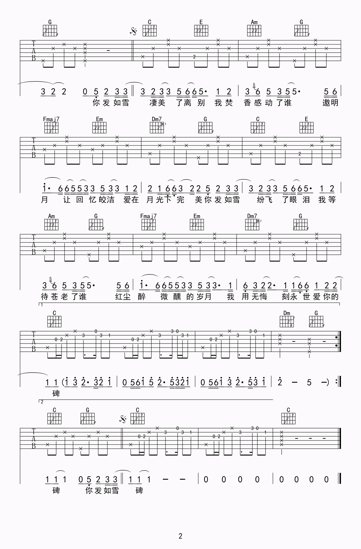 《发如雪吉他谱》周杰伦_C调六线谱_心动吉他制谱