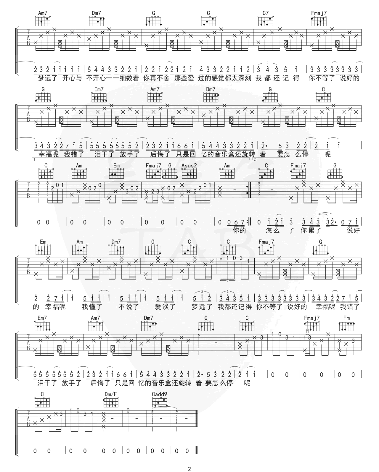 《说好的幸福呢吉他谱》周杰伦_C调六线谱_吴先生TAB制谱