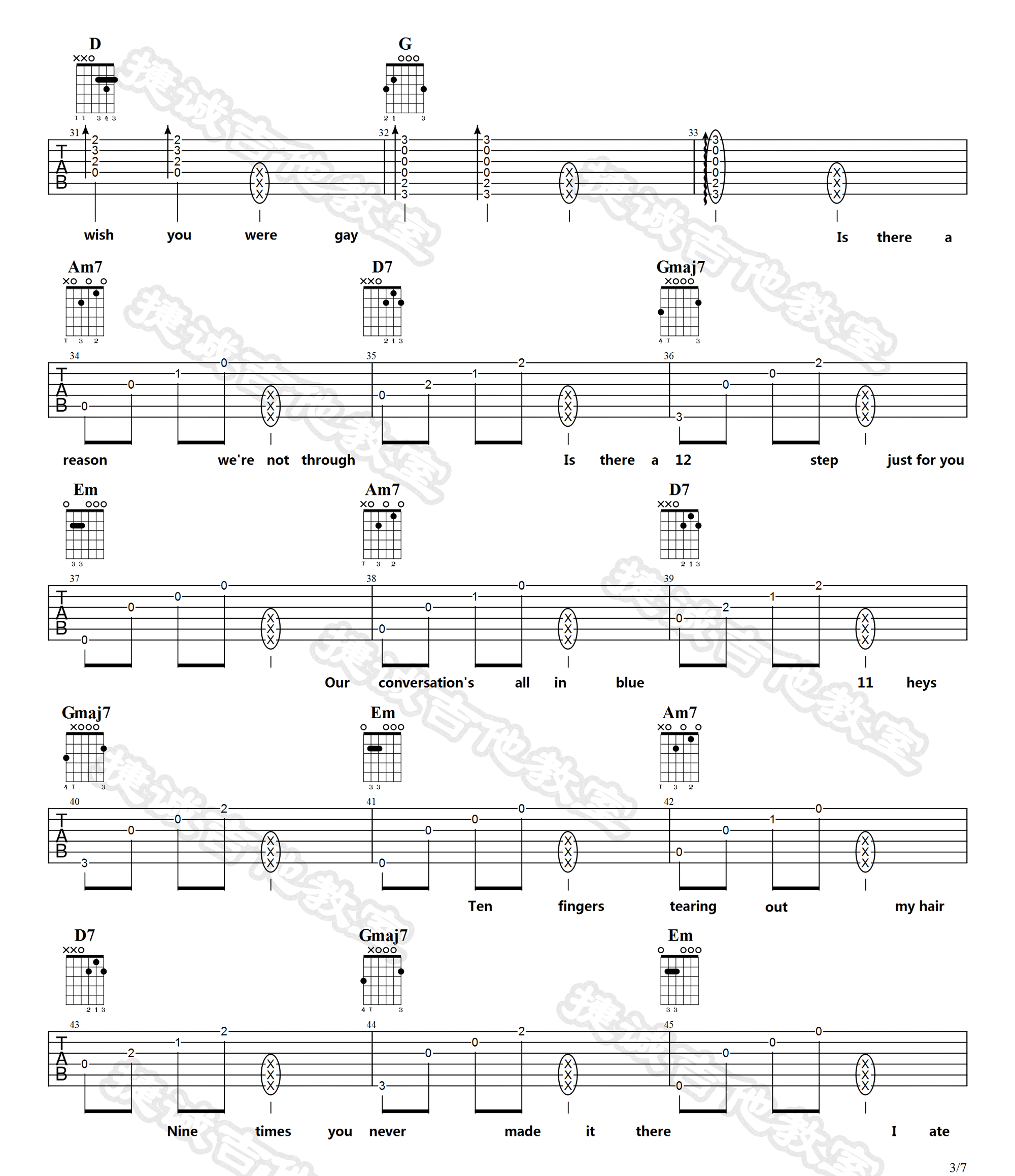 《Wish-You-Were-Gay吉他谱》Billie-Eilish_G调六线谱_捷诚吉他教室制谱