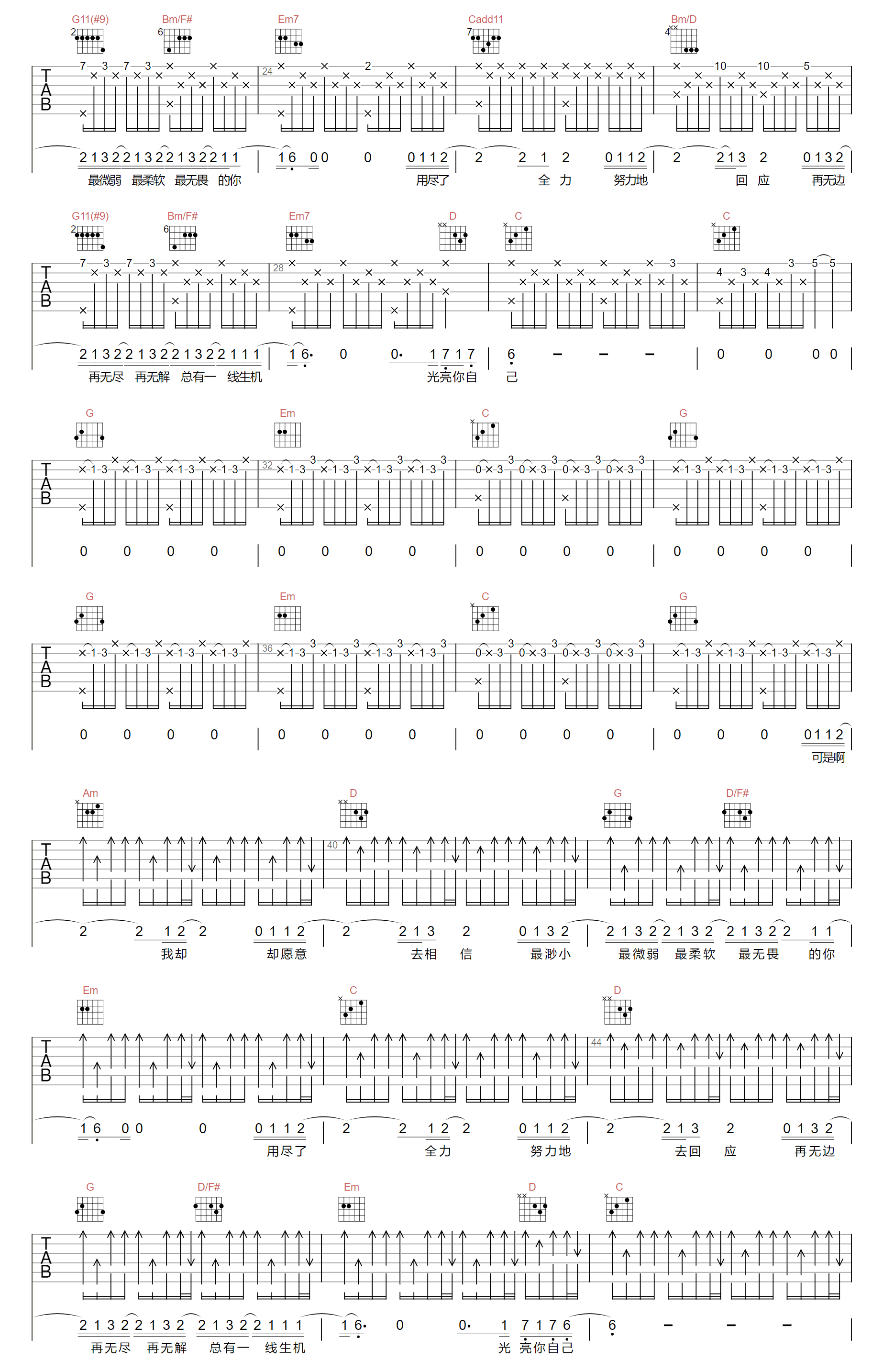 《光亮吉他谱》周深_G调六线谱_Shmily制谱