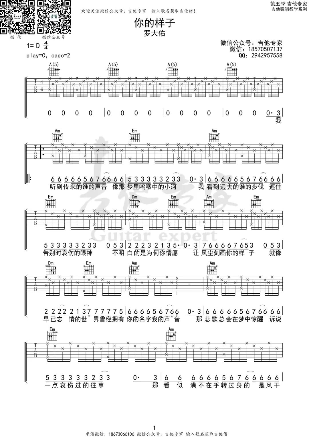 《你的样子吉他谱》罗大佑_C调六线谱_吉他专家制谱