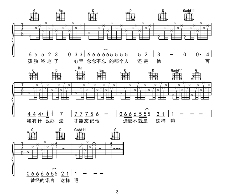 《遗憾吉他谱》王佳杨_G调六线谱_笨蛋虫虫制谱