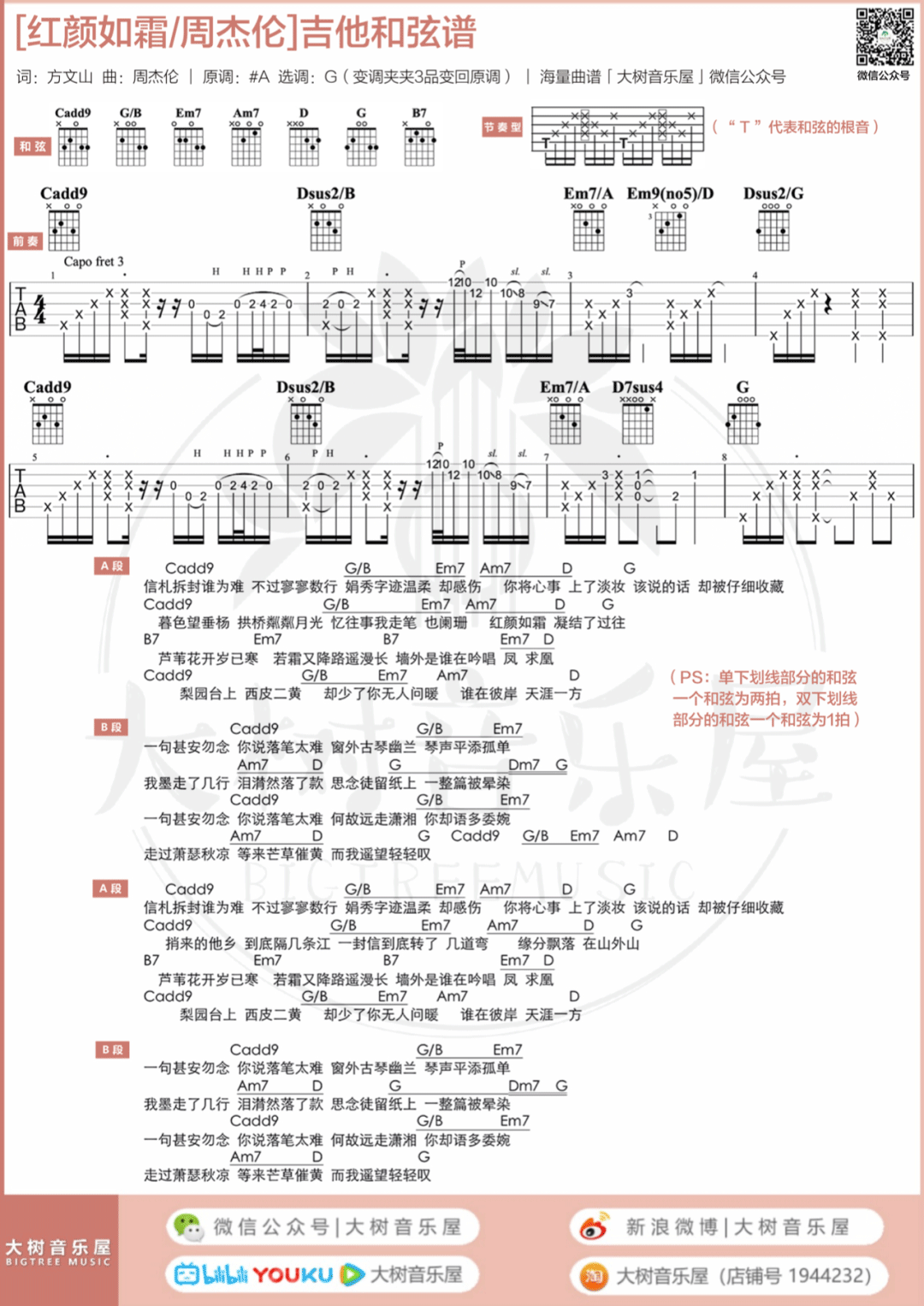 《红颜如霜吉他谱》周杰伦_G调六线谱_大树音乐屋制谱