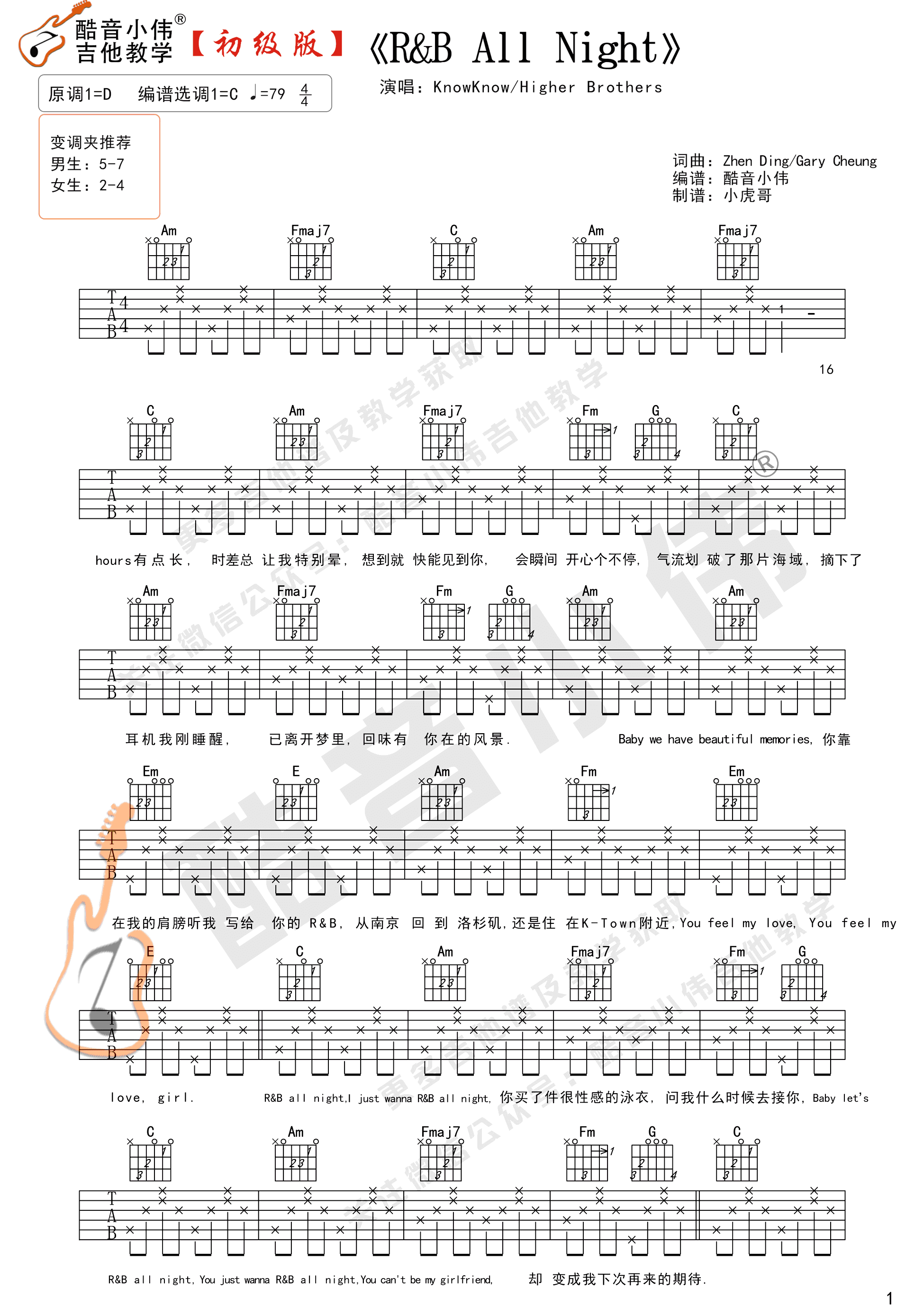 《R&B-All-Night吉他谱》KnowKnow_C调六线谱_酷音小伟制谱