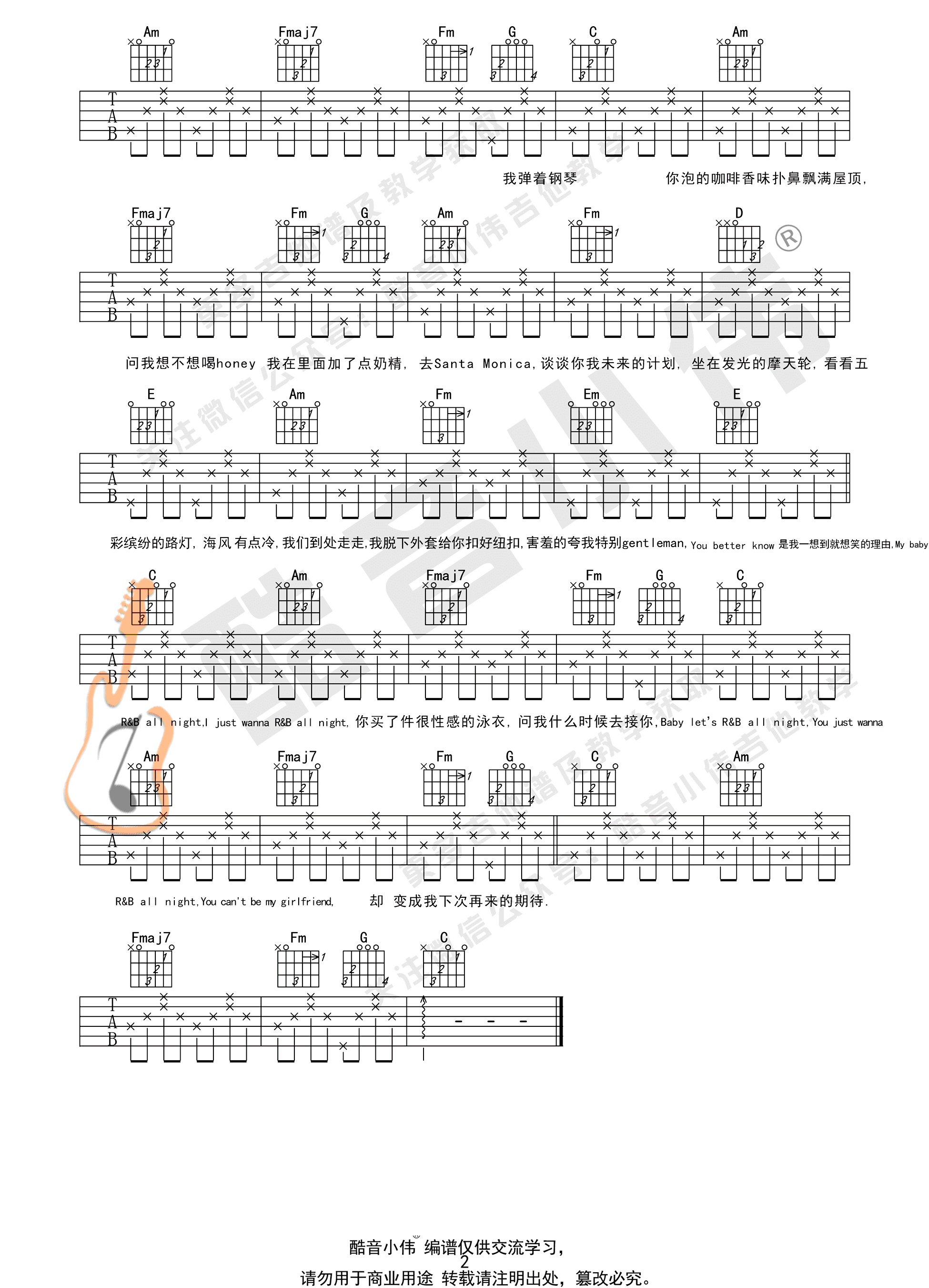 《R&B-All-Night吉他谱》KnowKnow_C调六线谱_酷音小伟制谱