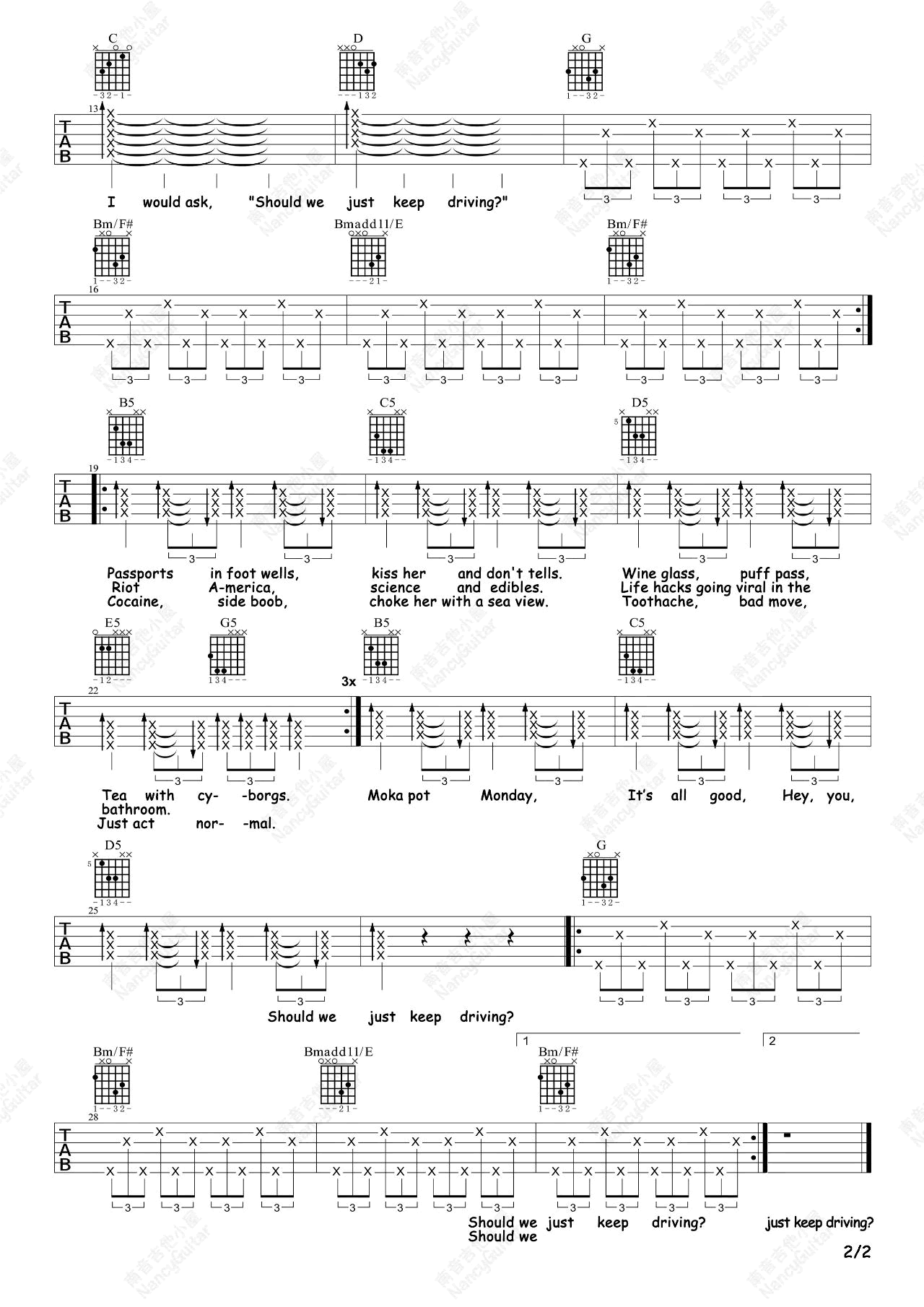《Keep Driving吉他谱》电吉他完整版