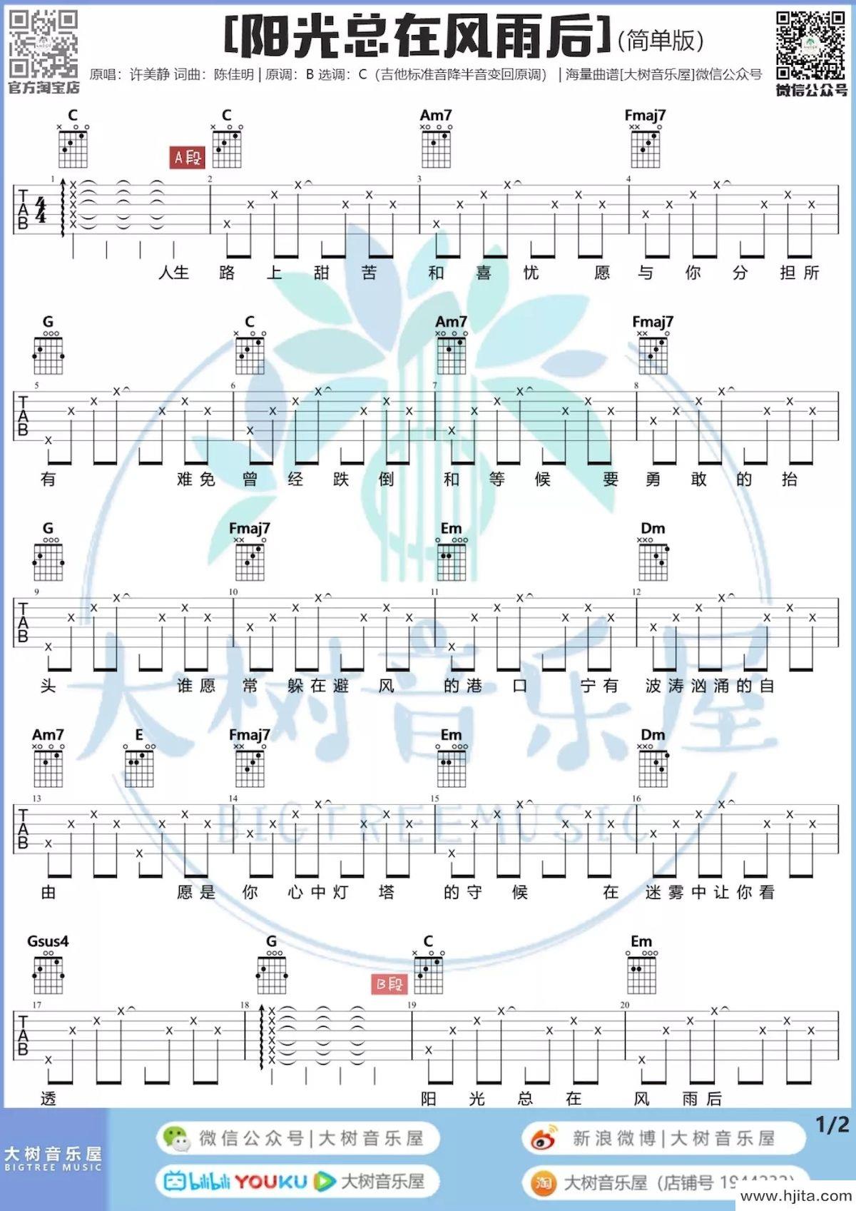 阳光总在风雨后吉他谱_许美静演唱_C调简单版弹唱谱完整曲谱