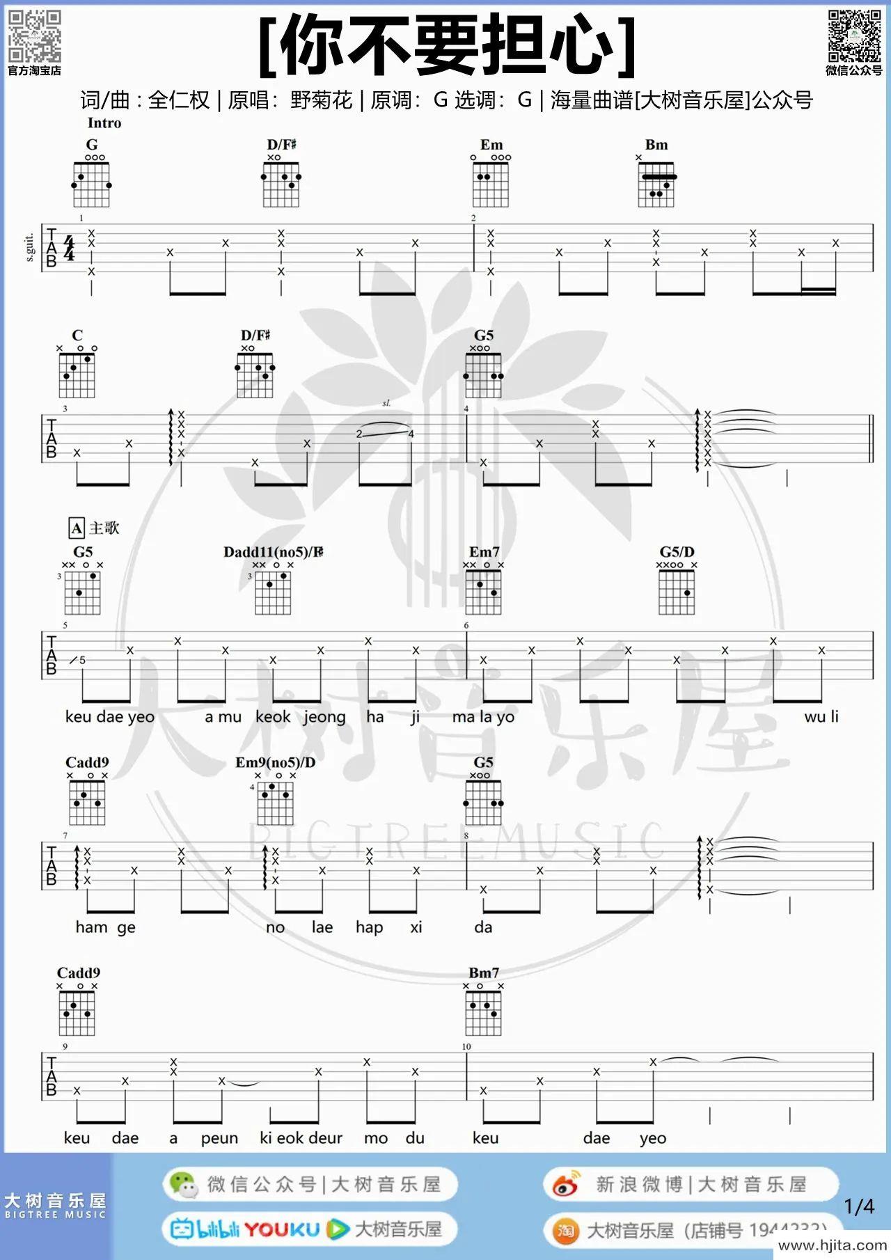 你不要担心吉他谱_野菊花演唱_G调原调版完整曲谱