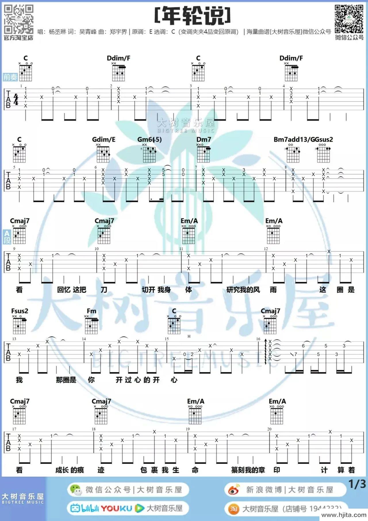 年轮说吉他谱_杨丞琳演唱_C调指法编配完整曲谱