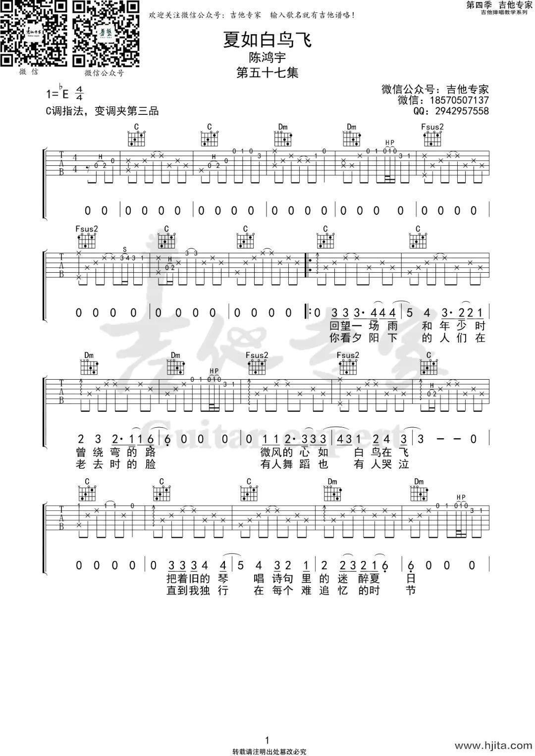 夏如白鸟飞吉他谱_陈鸿宇演唱_C调指法编配完整曲谱