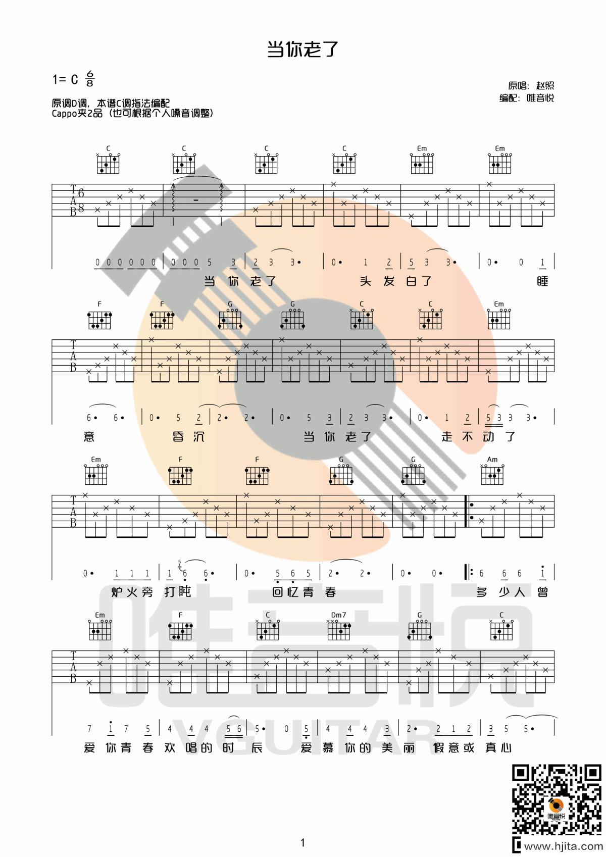 当你老了吉他谱_D调完整版_赵照演唱完整曲谱