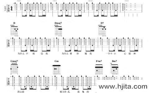 杨乃文《证据》吉他谱_《证据》D调扫弦版六线谱