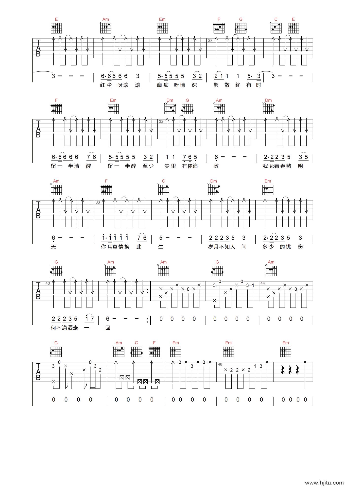 叶倩文《潇洒走一回》吉他谱-C调高清原版六线谱