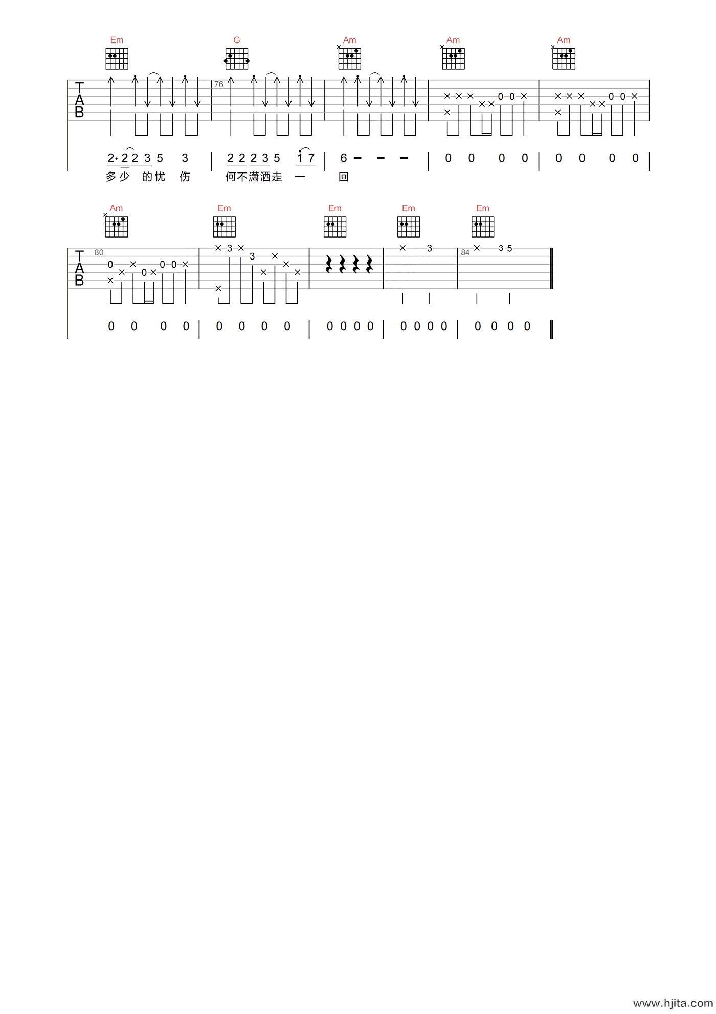 叶倩文《潇洒走一回》吉他谱-C调高清原版六线谱