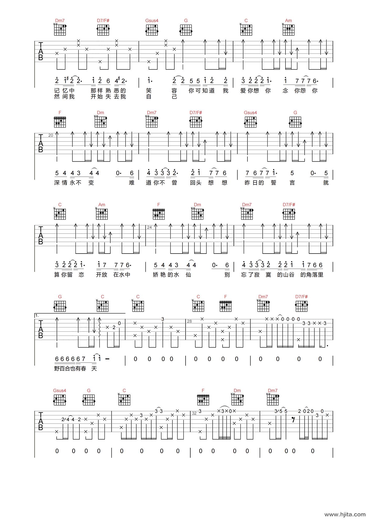 罗大佑《野百合也有春天》吉他谱-C调高清弹唱六线谱
