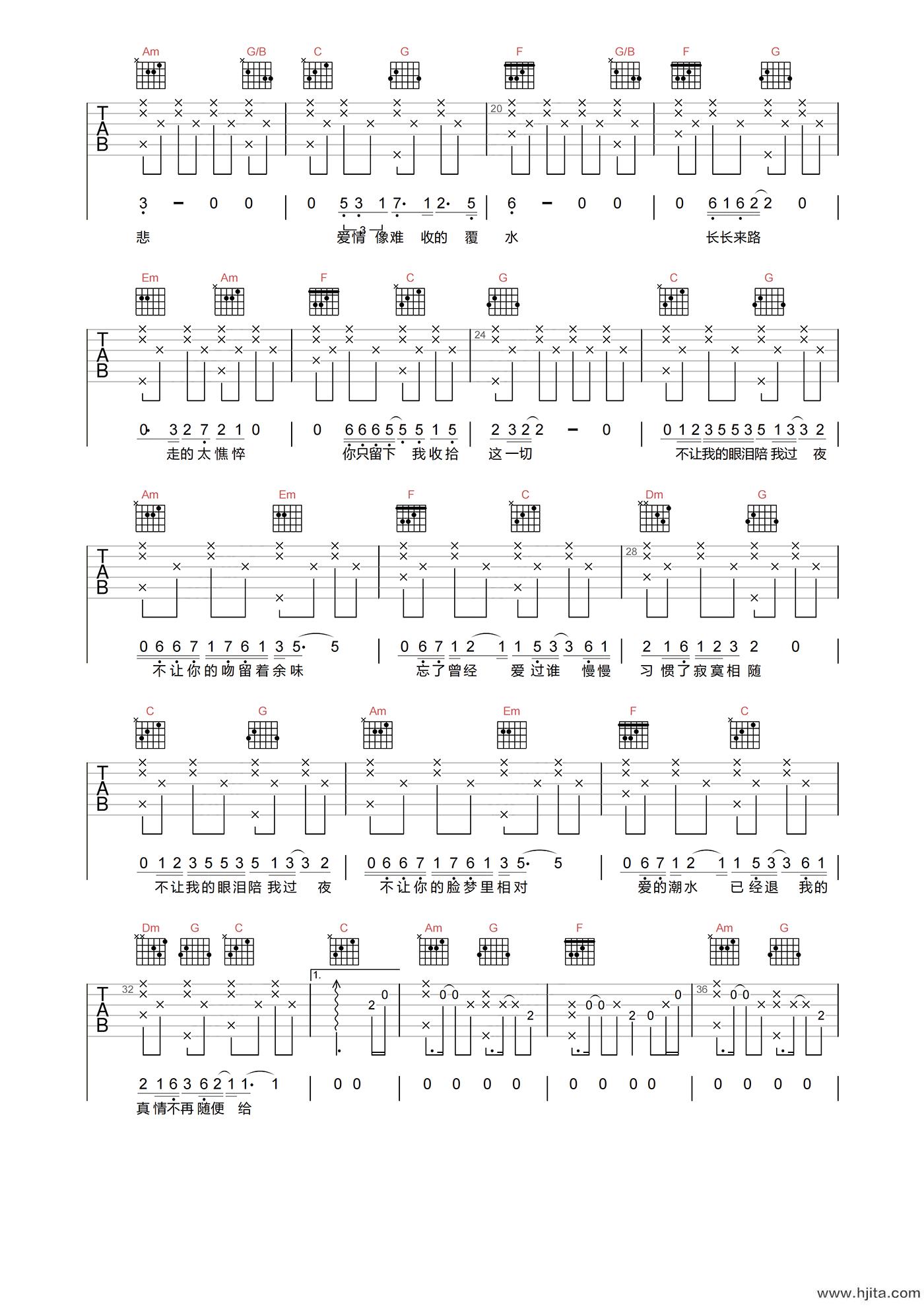 齐秦《不让我的眼泪陪我过夜》吉他谱-C调原版吉他弹唱谱