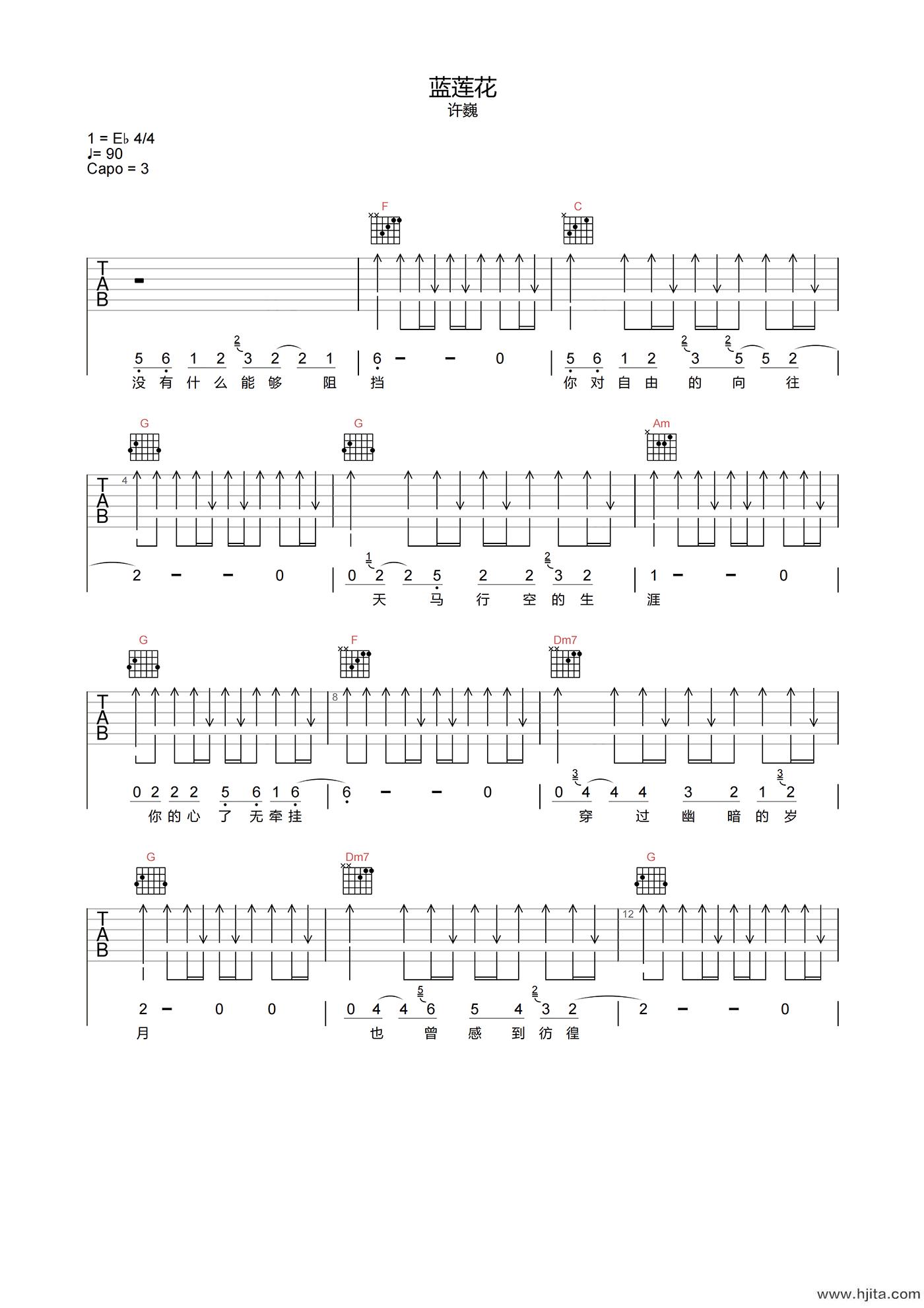 许巍《蓝莲花》吉他谱-C调原版弹唱吉他谱